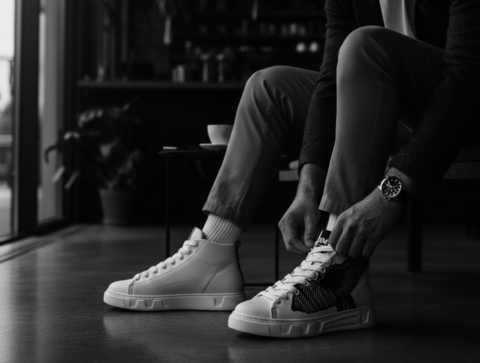 Person sitting on a bench wearing white high-top sneakers in a dimly lit room.
