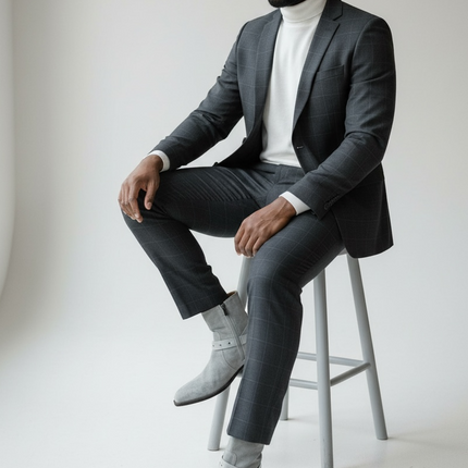Jo Ghost Man in a gray suit sitting on a stool against a plain 