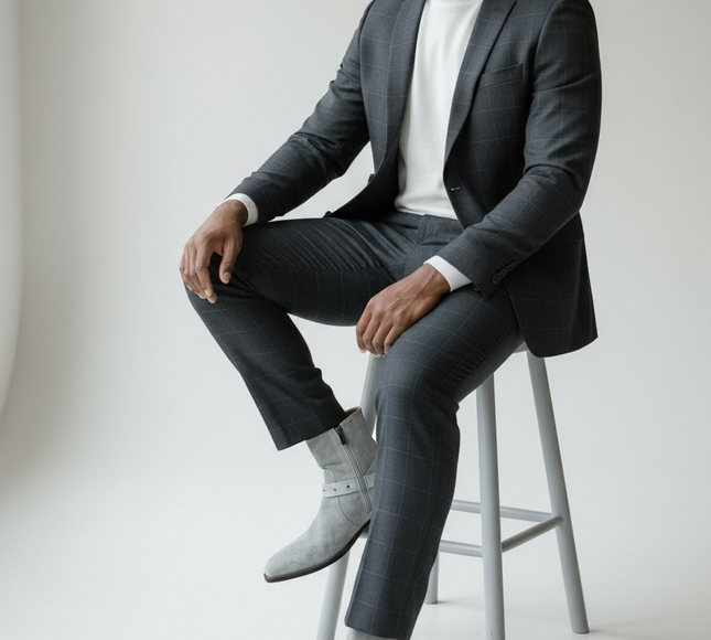 Jo Ghost Man in a gray suit sitting on a stool against a plain 