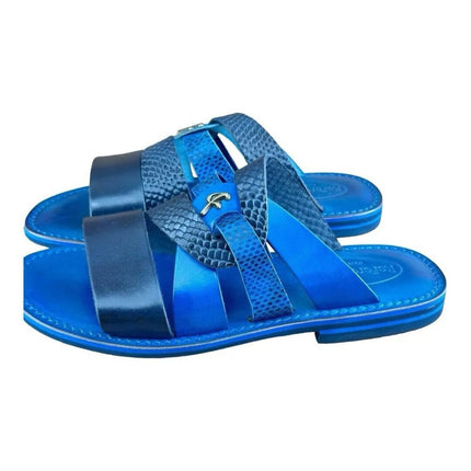 Re Ferdinando Vero Cuoio Blue  Slides sandal.